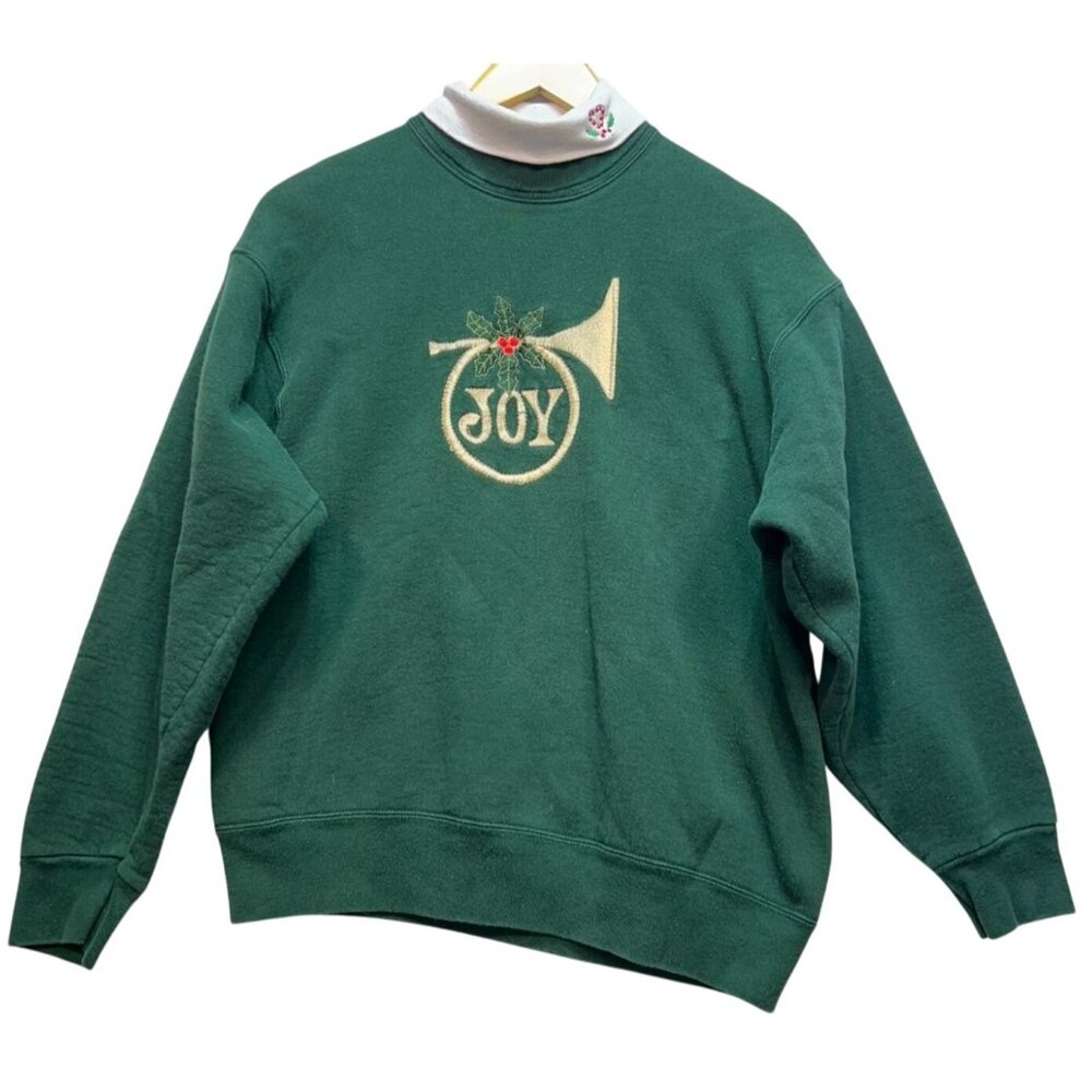 Vintage Sparks Womens Embroidered Joy Christmas Sweatshirt Size L Forest Green